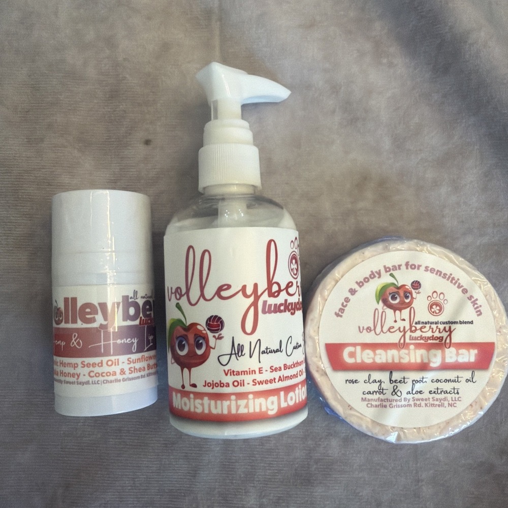Volleyberry Luckydog 3 Pc Natural Skincare Gift Set Lotion Soap Lip Butter New